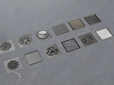 Various Designed Floor Drains With Multiple Shapes And Grate Patterns In Metal Finish 3d model