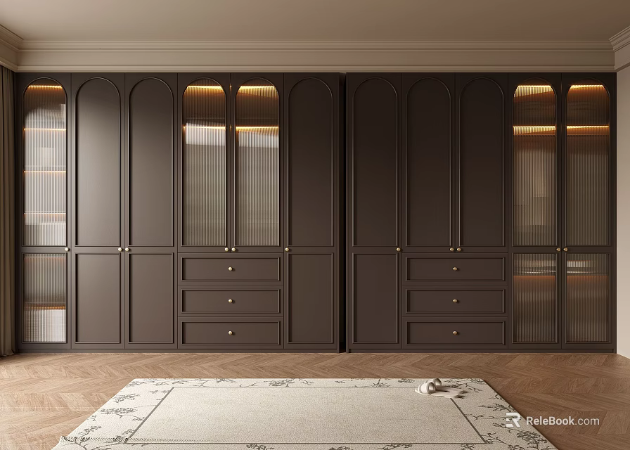 Modern Dark Brown Wardrobe Interior Design With Glass Doors Lighting And Drawers 3d model 