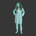 A Woman in White Coat and Pants Standing with Hands on Hips Against Gray Background
