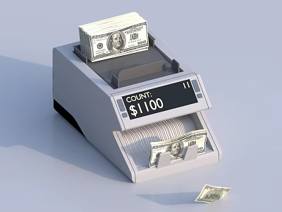 Commercial Money Counting Machine With Stacked US Bills Dispensed Cash And 1100 Dollars 3d model
