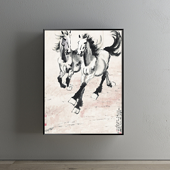 New Chinese Animal Painting Black and White Hallway Water Horse Decorative Painting 3d model