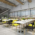 Modern Restaurant Interior With Yellow Black Chairs White Dining Tables Green Plants And Hanging Lights