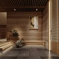 Japanese Zen Restaurant With Stone Wall Light Strips Pine Tree Decoration And Tatami Floor