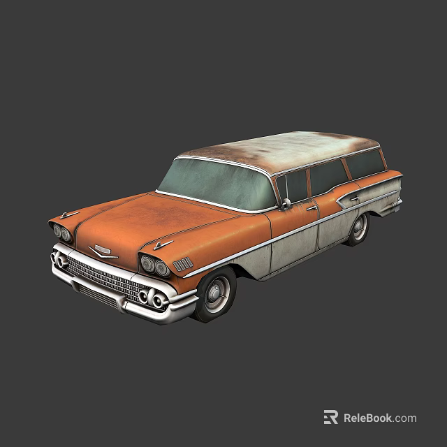 Vintage Orange Station Wagon With Rusted Roof And Retro Classic Design 3d model 