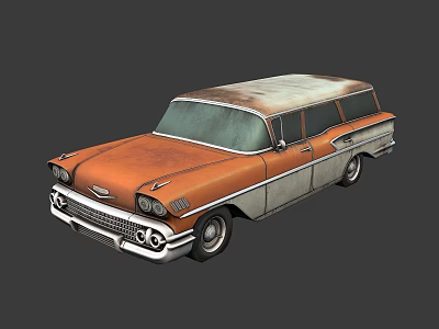 Vintage Orange Station Wagon With Rusted Roof And Retro Classic Design 3d model