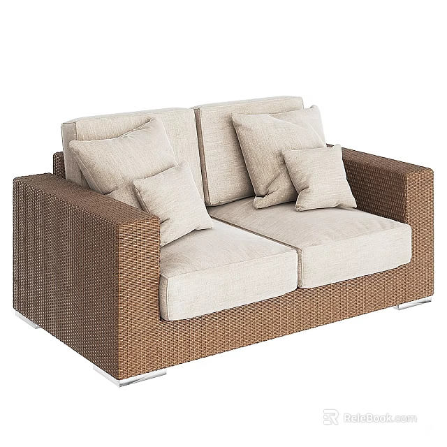 Outdoor Sofa With Brown Rattan Frame And Beige Cushions In Modern Design 3d model 