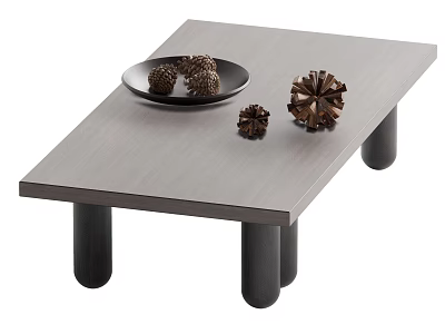 Sleek Modern Coffee Table With Black Cylindrical Legs And Decorative Pine Cones On Plate 3d model