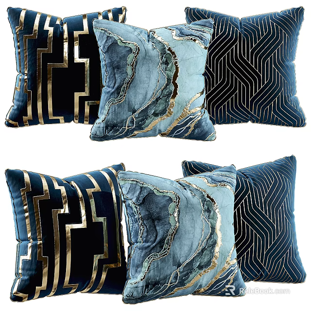Blue And Gold Decorative Pillows With Geometric And Marble Patterns In Velvet Fabric 3d model 