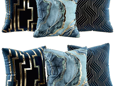 Blue And Gold Decorative Pillows With Geometric And Marble Patterns In Velvet Fabric 3d model