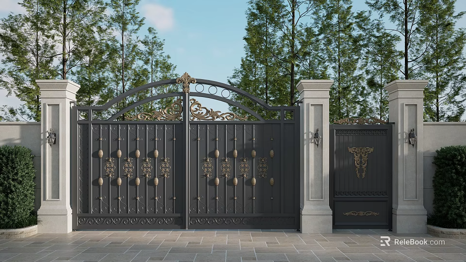Ornate Wrought Iron Entrance Gate With Gold Accents Stone Pillars Green Trees And Blue Sky 3d model 
