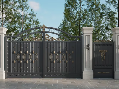 Ornate Wrought Iron Entrance Gate With Gold Accents Stone Pillars Green Trees And Blue Sky 3d model
