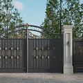 Ornate Wrought Iron Entrance Gate With Gold Accents Stone Pillars Green Trees And Blue Sky