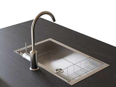 Stainless Steel Kitchen Sink With Faucet And Drainer Rack On Dark Countertop 3d model