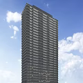 Modern High Rise Residential Building With Glass Windows And Balconies Against Clear Blue Sky