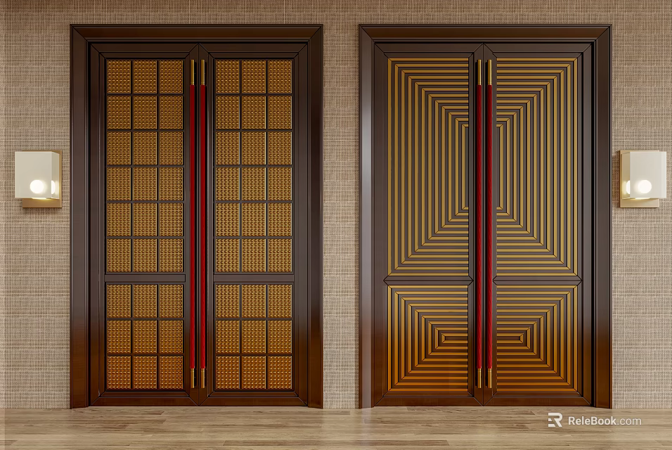 Dark Brown Double Doors With Golden Grid Geometric Patterns Red Vertical Strips Light Wall Background 3d model 