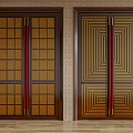 Dark Brown Double Doors With Golden Grid Geometric Patterns Red Vertical Strips Light Wall Background 3d model