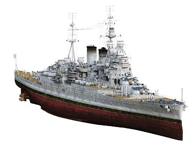Vintage Military Warship With Tall Masts Smokestacks Gray Hull Red Bottom 3d model