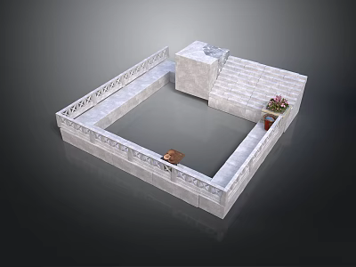 Traditional Square Building Structure with Water Pool Stone Walls Steps and Flower Pot 3d model