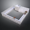 Traditional Square Building Structure with Water Pool Stone Walls Steps and Flower Pot