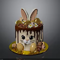 Cute Rabbit Themed Cake With Ears Chocolate Drizzle Decorative Flowers Golden Balls And Nuts