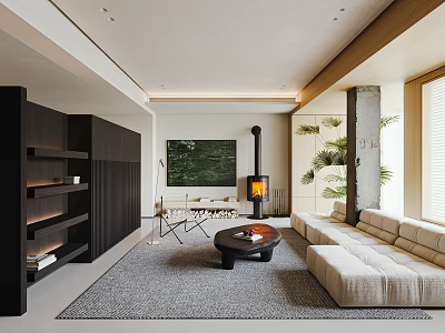 Modern Living Room Interior Design With Dark Wooden Cabinets Fireplace Beige Sofa Rug And Plants 3d model