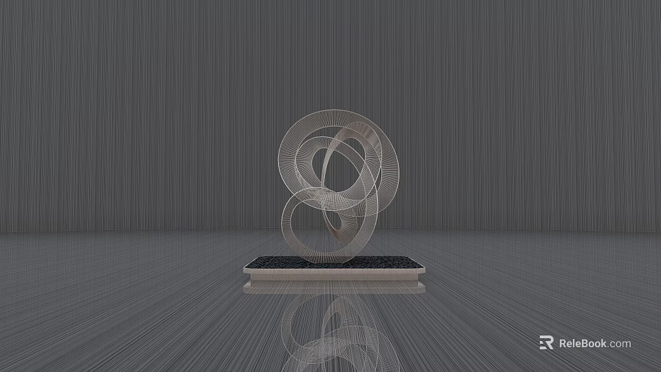 Modern Metal Sculpture With Interlocking Circular Rings On Black Base And Floor Reflection 3d model 