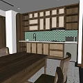 Modern Kitchen Interior With Woven Front Cabinets Tile Backsplash Upper Shelves And Microwave 3d model
