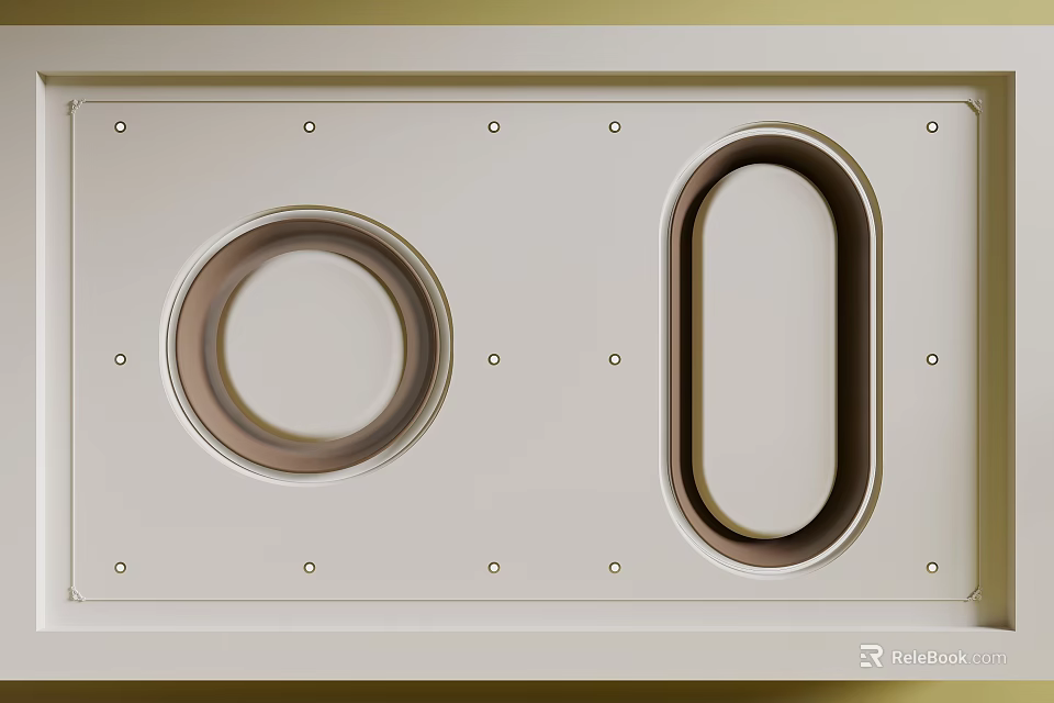 Contemporary Ceiling Panel Design Featuring White Surface Circular Oval Cutouts Metallic Trim And Fixing Screws 3d model