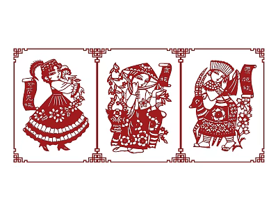 Traditional Chinese Paper Cutting Art Featuring Three Figure Designs And Red Borders 3d model