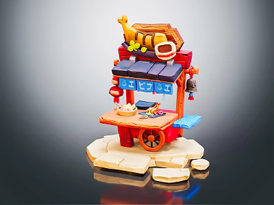 Traditional Japanese Street Food Cart Model With Decorative Fish Sign And Wheels 3d model
