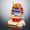 Traditional Japanese Street Food Cart Model With Decorative Fish Sign And Wheels