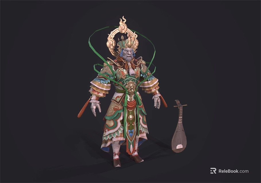 Game Movie Character In Elaborate Traditional Costume With Ornate Headpiece And Pipa Instrument 3d model 