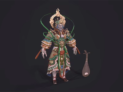 Game Movie Character In Elaborate Traditional Costume With Ornate Headpiece And Pipa Instrument 3d model