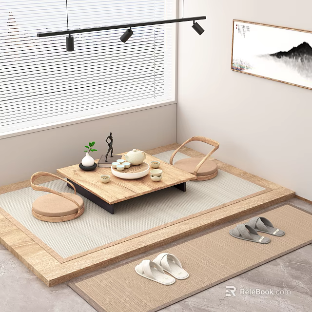 Japanese Tea Table and Chairs with Tatami Mat Tea Set Small Plant and Landscape Painting 3d model 