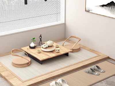 Japanese Tea Table and Chairs with Tatami Mat Tea Set Small Plant and Landscape Painting 3d model