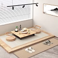 Japanese Tea Table and Chairs with Tatami Mat Tea Set Small Plant and Landscape Painting