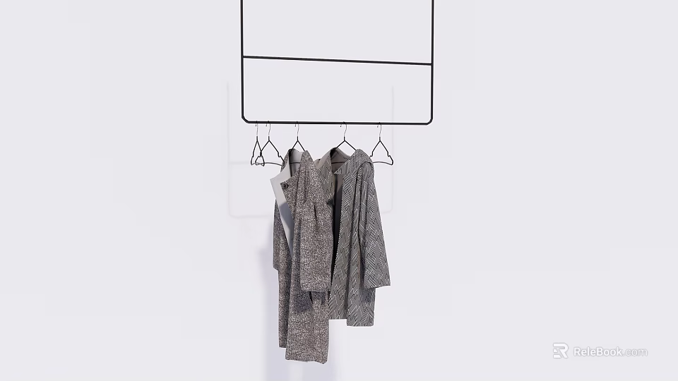 Gray Casual Clothes Hanging On Black Metal Hanger Rack Against White Background 3d model 