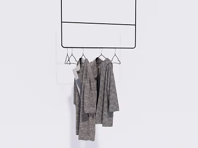 Gray Casual Clothes Hanging On Black Metal Hanger Rack Against White Background 3d model