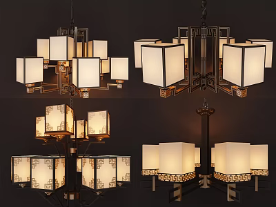 Chinese Style Modern Chandelier With Square Lampshades And Metal Frame Design 3d model