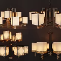 Chinese Style Modern Chandelier With Square Lampshades And Metal Frame Design