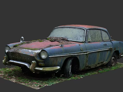 Old Rusty Vintage Car With Moss Covered Body On Grass Field 3d model