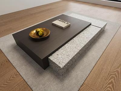 Modern Coffee Table With Wooden Top Stone Accent Golden Tray Fruits And Book On Gray Rug 3d model