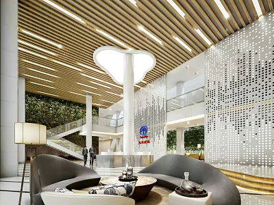 Modern Front Desk Reception Lobby with Elegant Lighting and Green Wall Decorations 3d model
