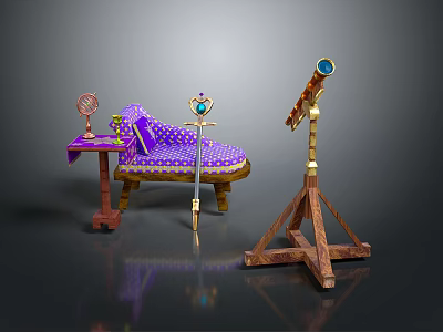 Elegant Decorative Interior With Purple Sofa Gold Accents Small Table Mirror Scepter And Brass Telescope 3d model