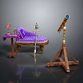 Elegant Decorative Interior With Purple Sofa Gold Accents Small Table Mirror Scepter And Brass Telescope