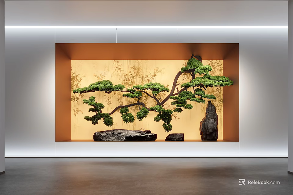 Serene Indoor Landscape With Lush Pine Tree Rocks And Warm Backdrop 3d model