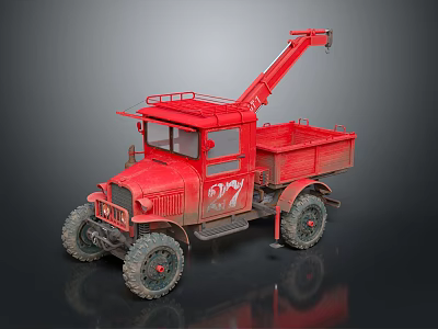 Red Vintage Functional Vehicle With Crane 3d model