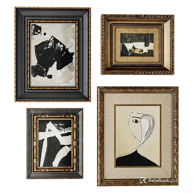 Assorted Decorative Photo Frames With Gold Black Borders And Abstract Art Inserts 3d model 