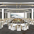 Luxurious Modern Banquet Hall With Round Tables Floral Centerpieces Large Screen And Ceiling Chandeliers