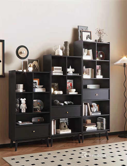 Black Bookcase With Books Decorative Items And Drawers In Home Interior 3d model 